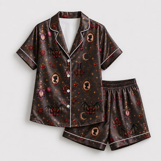 PJ-576-Gothic Romance Satin Pajama Set Featuring Mystical Bat, Cameo, And Rose Illustrations For An Elegant Dark Aesthetic