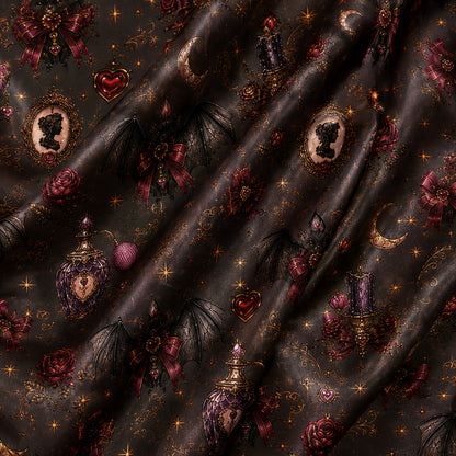 PJ-576-Gothic Romance Satin Pajama Set Featuring Mystical Bat, Cameo, And Rose Illustrations For An Elegant Dark Aesthetic