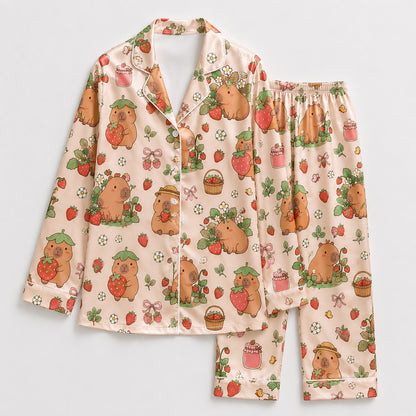 PJ-577-Capybara Strawberry Print Satin Pajamas Kawaii Cottagecore Sleepwear Set