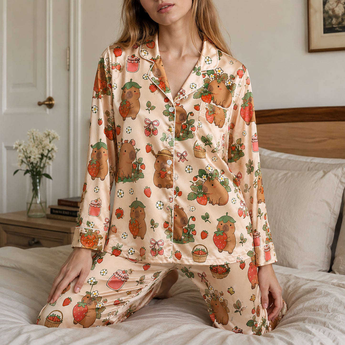 PJ-577-Capybara Strawberry Print Satin Pajamas Kawaii Cottagecore Sleepwear Set