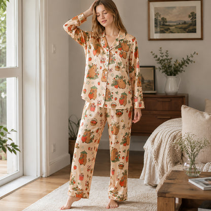 PJ-577-Capybara Strawberry Print Satin Pajamas Kawaii Cottagecore Sleepwear Set