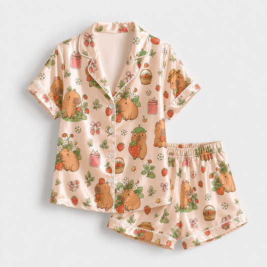 PJ-577-Capybara Strawberry Print Satin Pajamas Kawaii Cottagecore Sleepwear Set