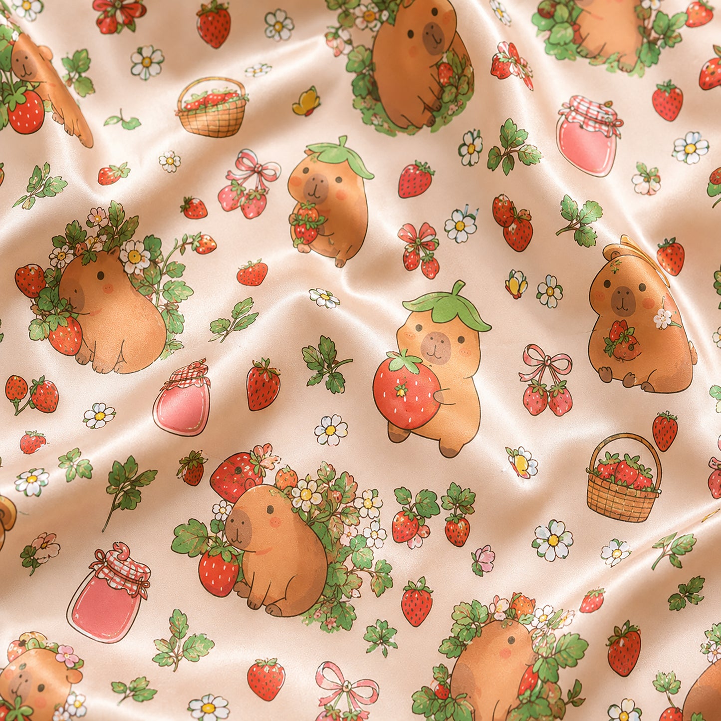PJ-577-Capybara Strawberry Print Satin Pajamas Kawaii Cottagecore Sleepwear Set