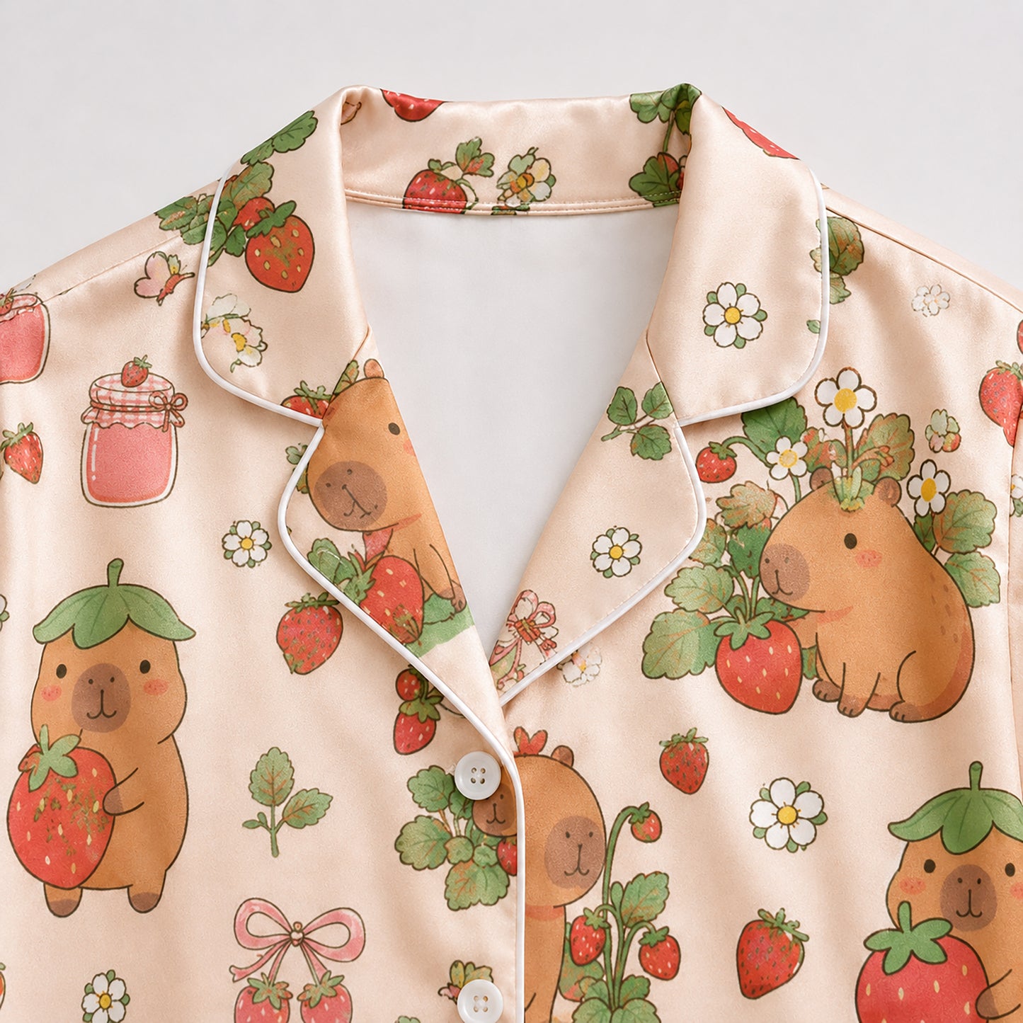 PJ-577-Capybara Strawberry Print Satin Pajamas Kawaii Cottagecore Sleepwear Set