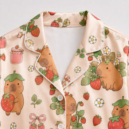 PJ-577-Capybara Strawberry Print Satin Pajamas Kawaii Cottagecore Sleepwear Set