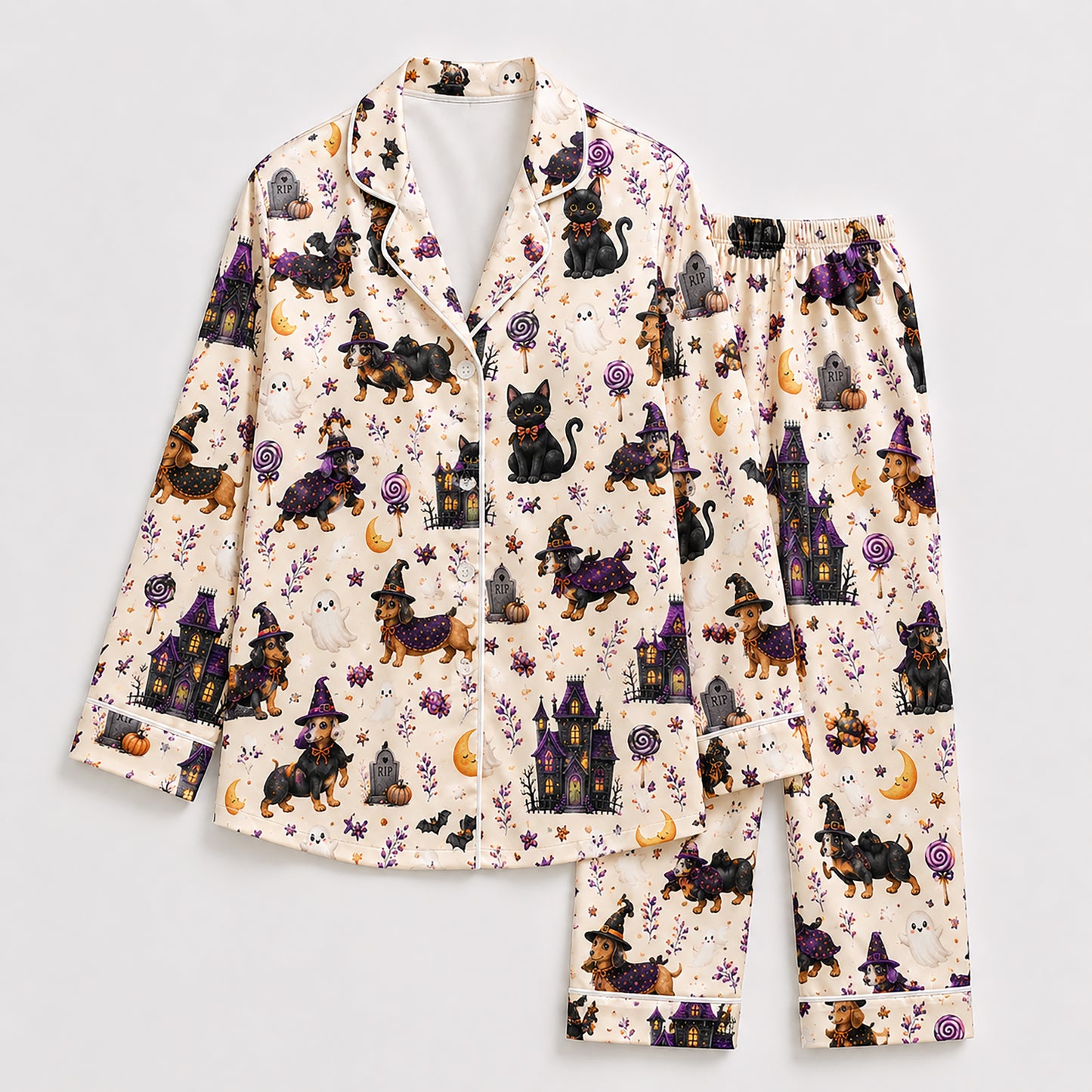 PJ-579-Ivory Satin Spooky Dachshund And Black Cat Pajamas Halloween Haunted House Sleepwear
