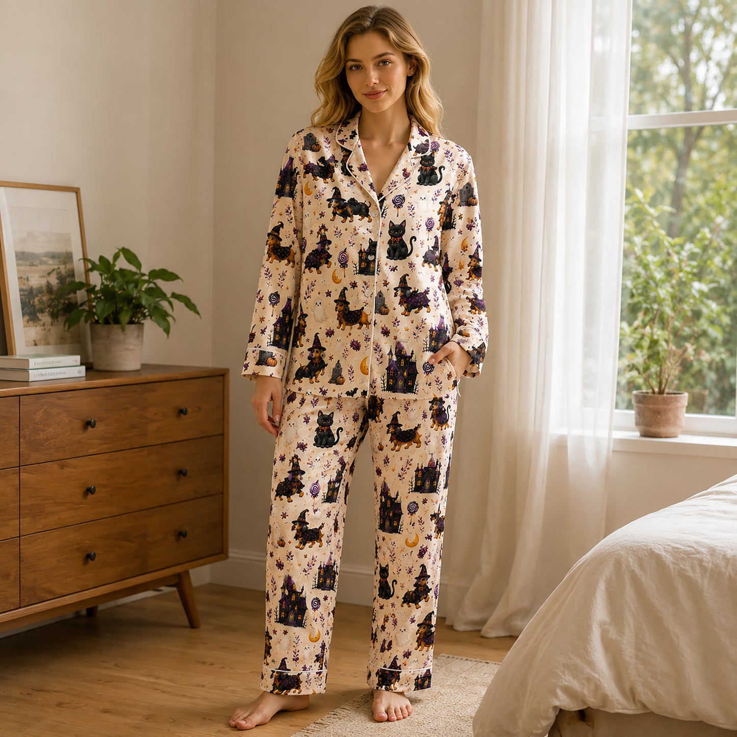 PJ-579-Ivory Satin Spooky Dachshund And Black Cat Pajamas Halloween Haunted House Sleepwear