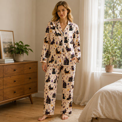 PJ-579-Ivory Satin Spooky Dachshund And Black Cat Pajamas Halloween Haunted House Sleepwear