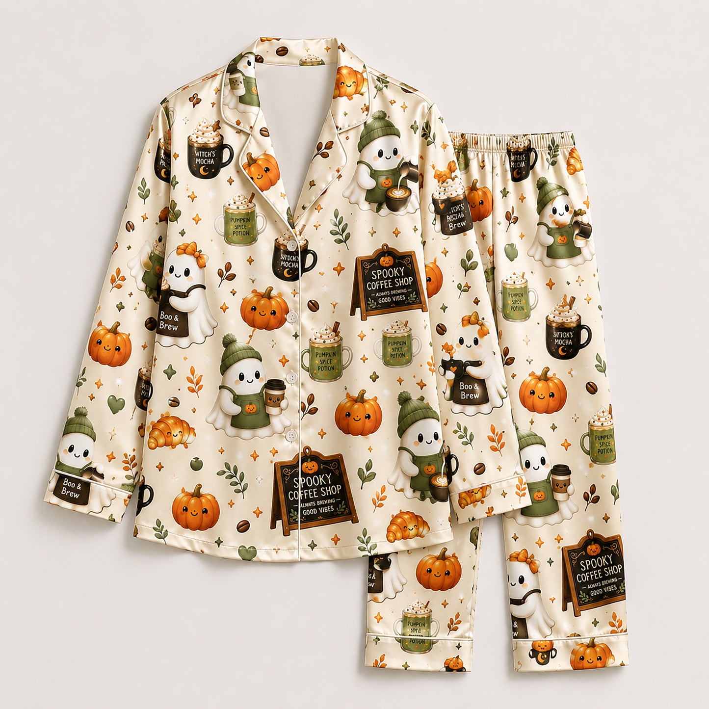 PJ-580-Cream Satin Spooky Coffee Shop Ghost Pajamas Autumn Pumpkin Sleepwear Set