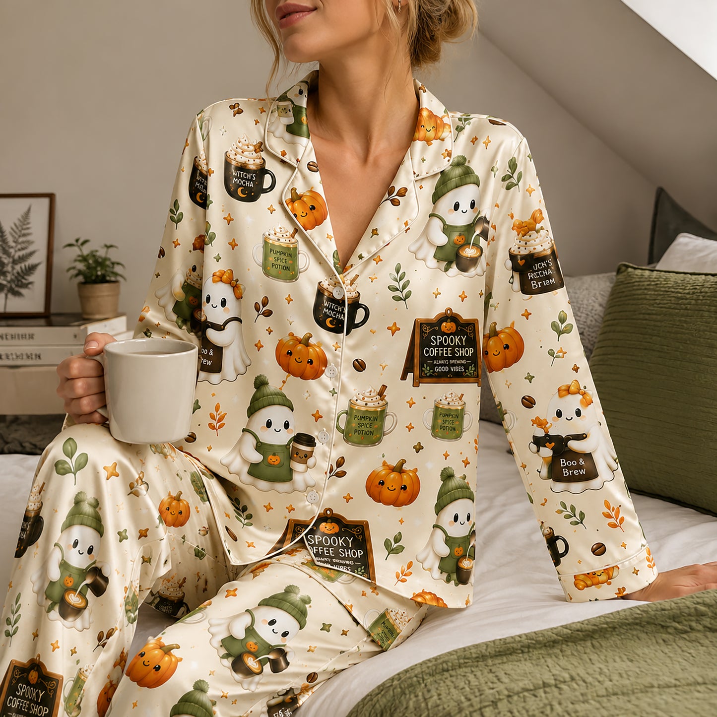 PJ-580-Cream Satin Spooky Coffee Shop Ghost Pajamas Autumn Pumpkin Sleepwear Set