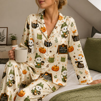 PJ-580-Cream Satin Spooky Coffee Shop Ghost Pajamas Autumn Pumpkin Sleepwear Set