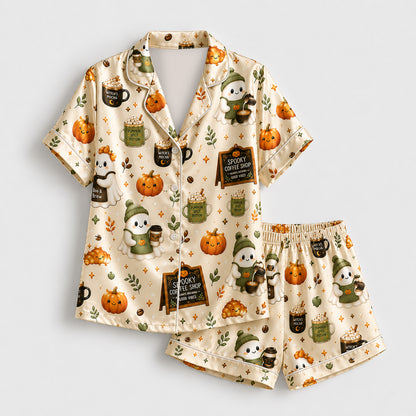 PJ-580-Cream Satin Spooky Coffee Shop Ghost Pajamas Autumn Pumpkin Sleepwear Set