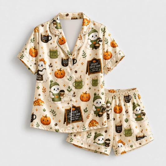 PJ-580-Cream Satin Spooky Coffee Shop Ghost Pajamas Autumn Pumpkin Sleepwear Set