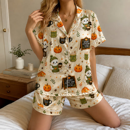 PJ-580-Cream Satin Spooky Coffee Shop Ghost Pajamas Autumn Pumpkin Sleepwear Set