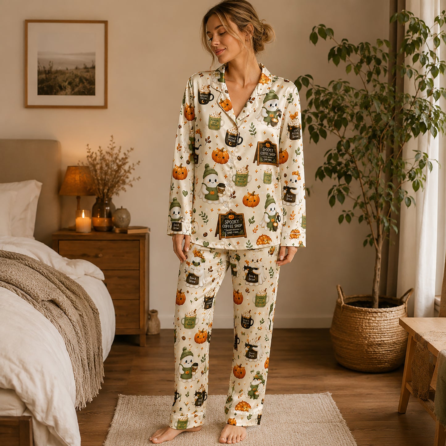 PJ-580-Cream Satin Spooky Coffee Shop Ghost Pajamas Autumn Pumpkin Sleepwear Set