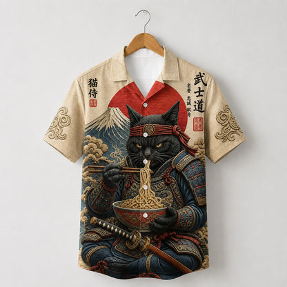 HW-581-Samurai Cat Ramen Satin Hawaiian Shirt Vintage Japanese Mount Fuji Animal Print Top