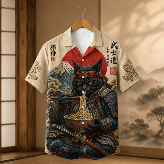 HW-581-Samurai Cat Ramen Satin Hawaiian Shirt Vintage Japanese Mount Fuji Animal Print Top