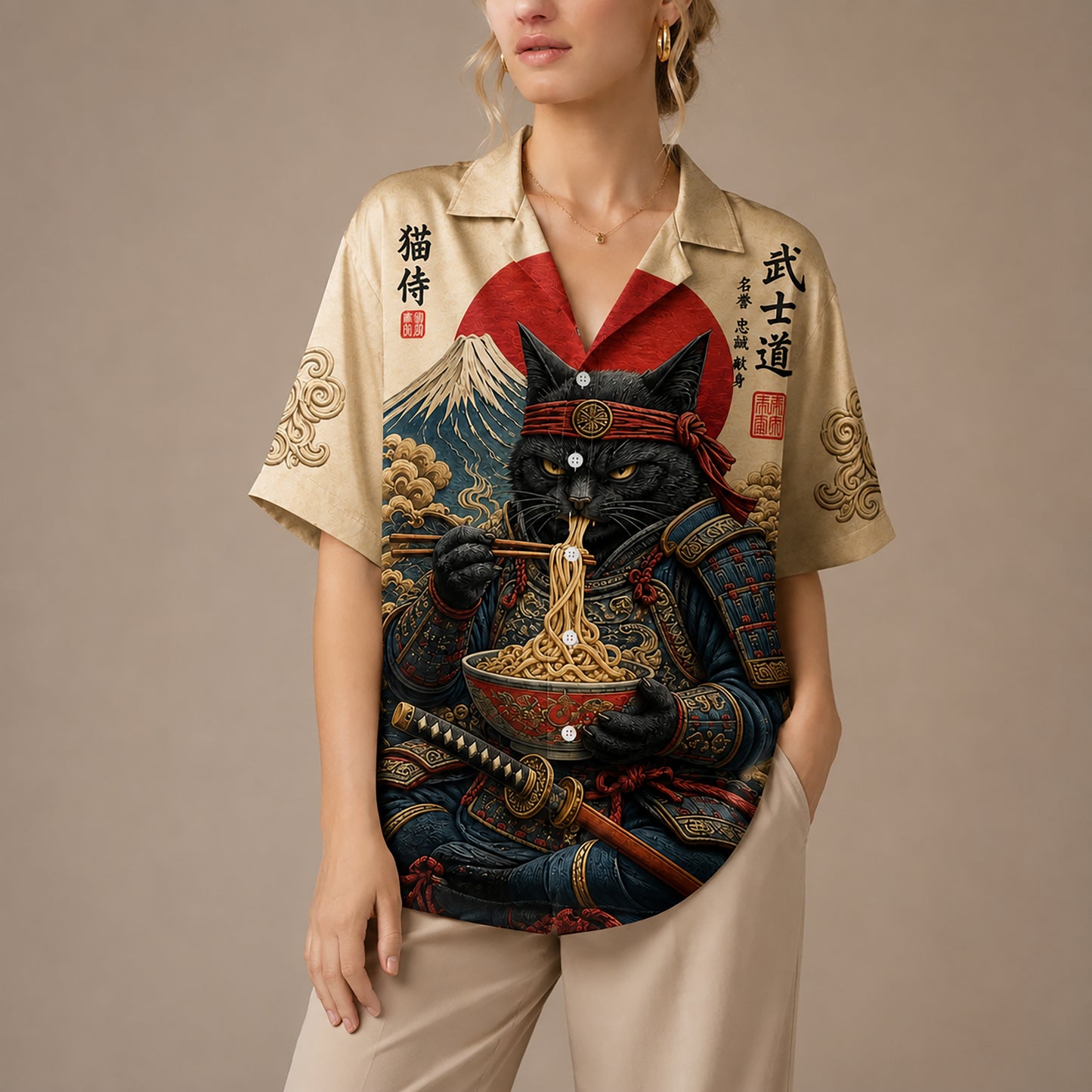 HW-581-Samurai Cat Ramen Satin Hawaiian Shirt Vintage Japanese Mount Fuji Animal Print Top
