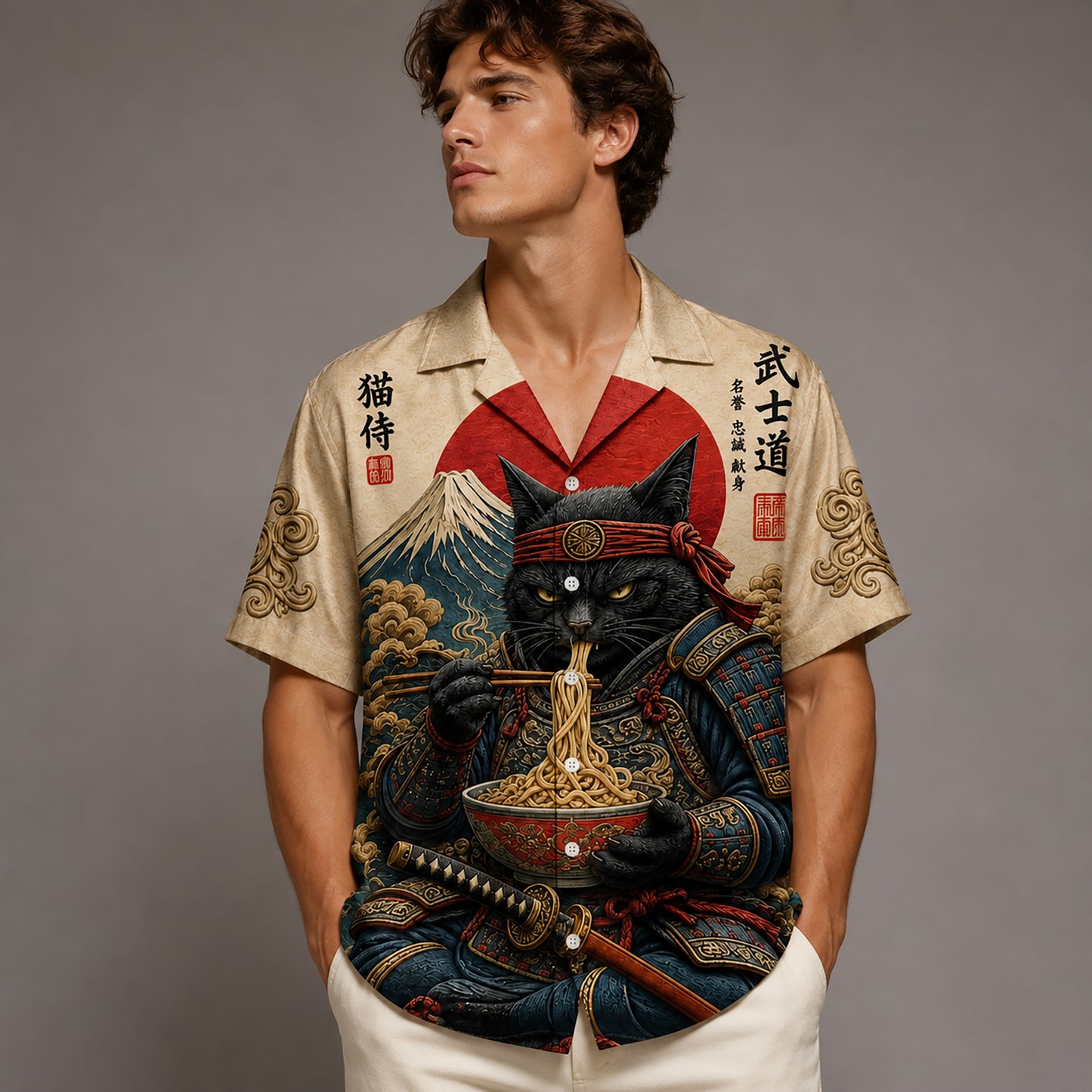 HW-581-Samurai Cat Ramen Satin Hawaiian Shirt Vintage Japanese Mount Fuji Animal Print Top