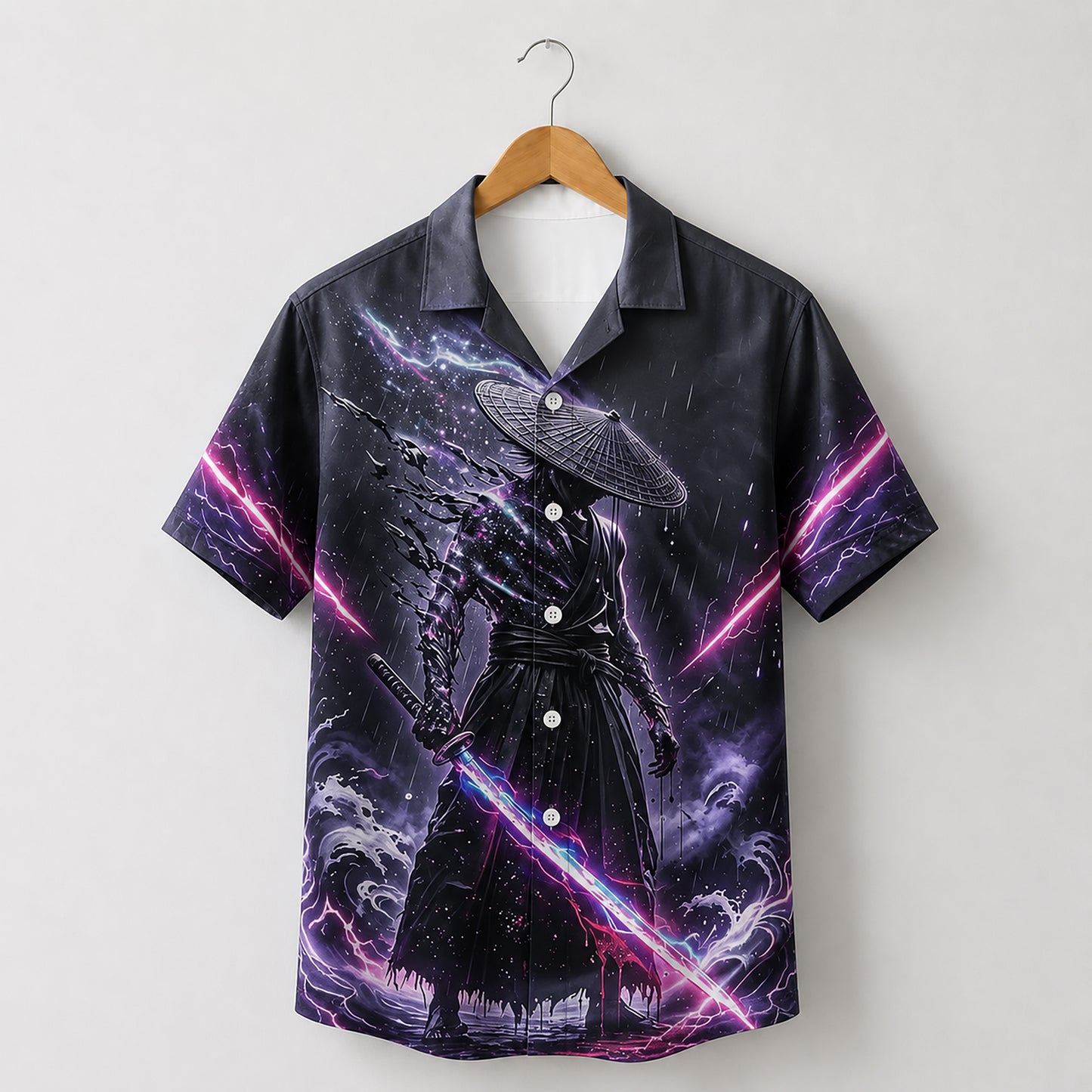 HW-582-Neon Galaxy Samurai Katana Satin Hawaiian Shirt Anime Cosmic Lightning Top