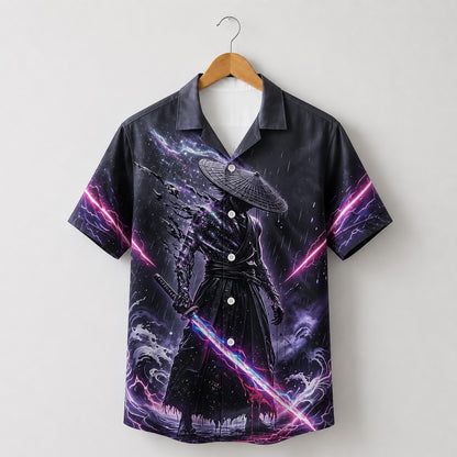 HW-582-Neon Galaxy Samurai Katana Satin Hawaiian Shirt Anime Cosmic Lightning Top