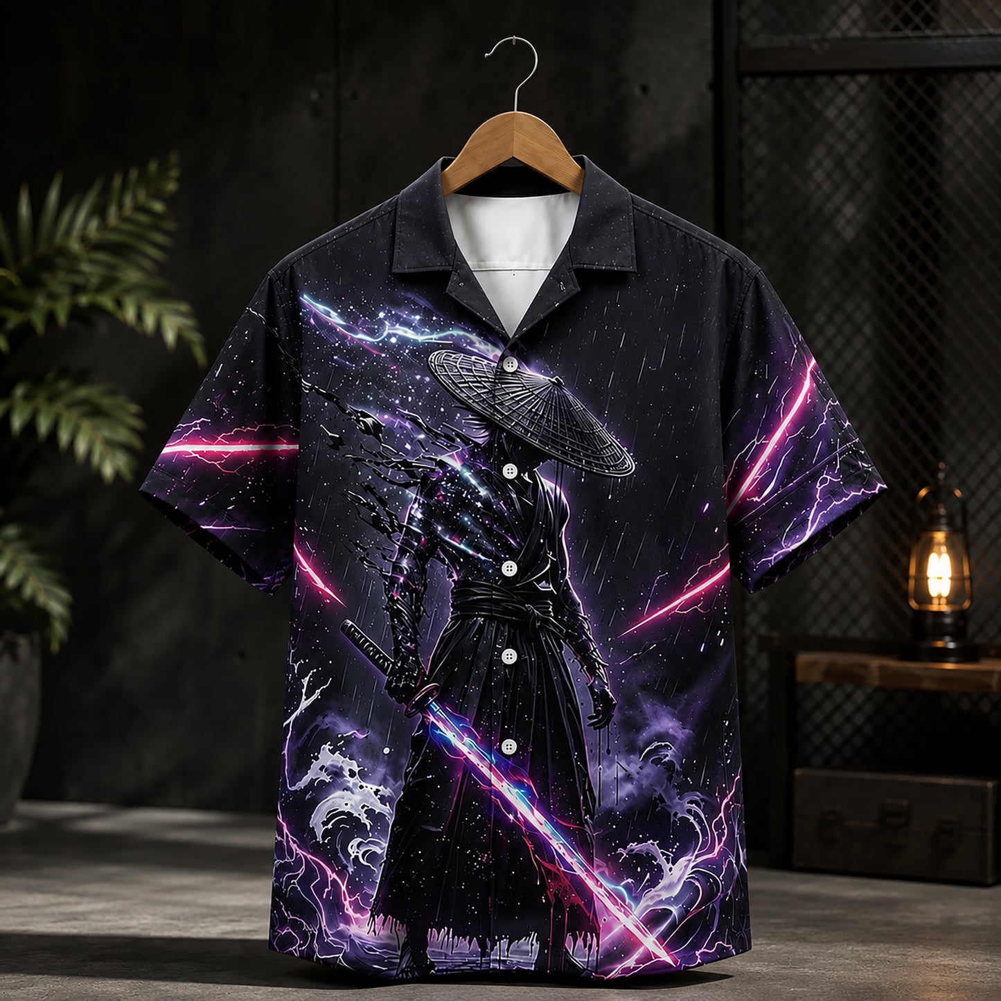 HW-582-Neon Galaxy Samurai Katana Satin Hawaiian Shirt Anime Cosmic Lightning Top