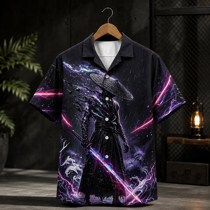 HW-582-Neon Galaxy Samurai Katana Satin Hawaiian Shirt Anime Cosmic Lightning Top
