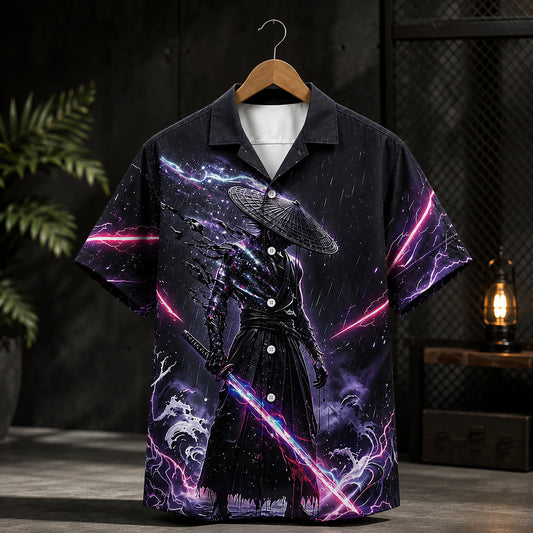 HW-582-Neon Galaxy Samurai Katana Satin Hawaiian Shirt Anime Cosmic Lightning Top