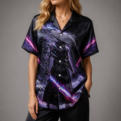 HW-582-Neon Galaxy Samurai Katana Satin Hawaiian Shirt Anime Cosmic Lightning Top