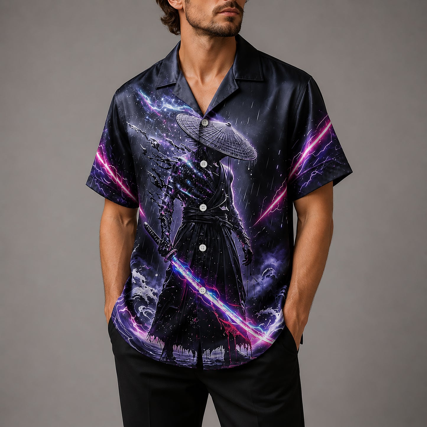 HW-582-Neon Galaxy Samurai Katana Satin Hawaiian Shirt Anime Cosmic Lightning Top