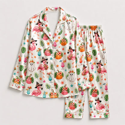 PJ-583-Tropical Halloween Flamingo Satin Pajamas Spooky Ghost Pumpkin Sleepwear Set