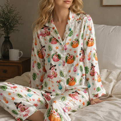 PJ-583-Tropical Halloween Flamingo Satin Pajamas Spooky Ghost Pumpkin Sleepwear Set