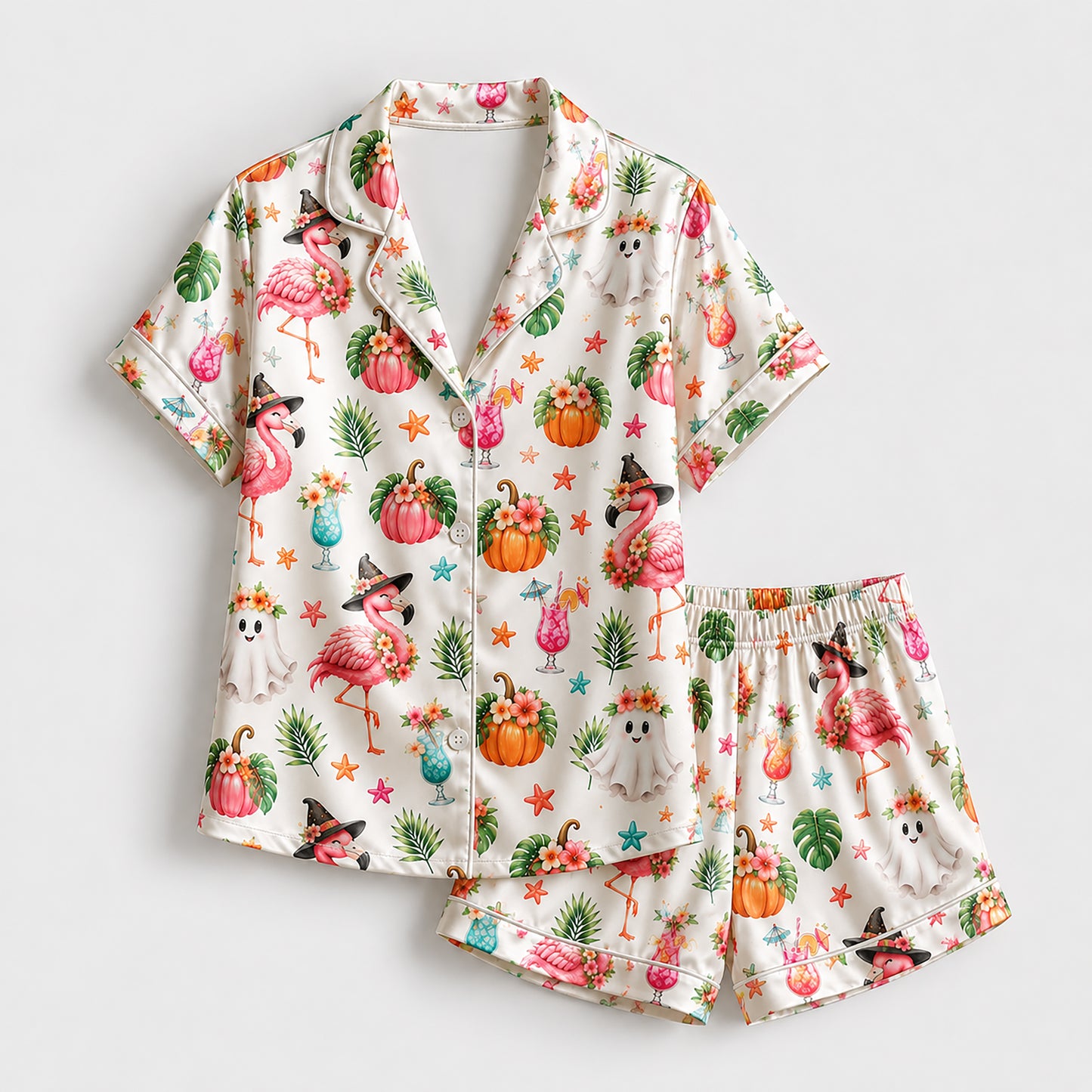 PJ-583-Tropical Halloween Flamingo Satin Pajamas Spooky Ghost Pumpkin Sleepwear Set