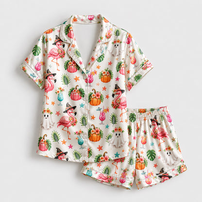 PJ-583-Tropical Halloween Flamingo Satin Pajamas Spooky Ghost Pumpkin Sleepwear Set