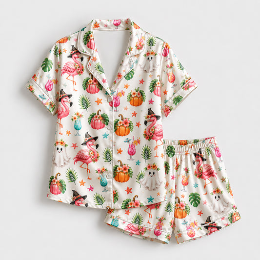 PJ-583-Tropical Halloween Flamingo Satin Pajamas Spooky Ghost Pumpkin Sleepwear Set
