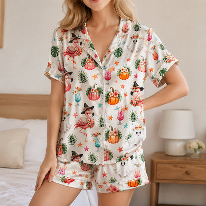 PJ-583-Tropical Halloween Flamingo Satin Pajamas Spooky Ghost Pumpkin Sleepwear Set
