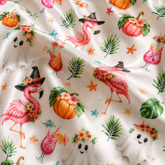 PJ-583-Tropical Halloween Flamingo Satin Pajamas Spooky Ghost Pumpkin Sleepwear Set