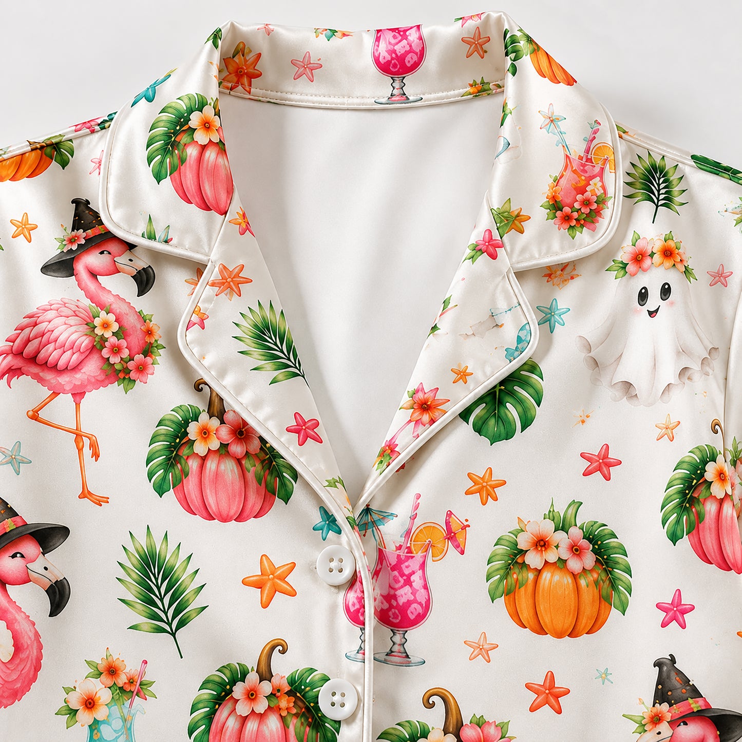 PJ-583-Tropical Halloween Flamingo Satin Pajamas Spooky Ghost Pumpkin Sleepwear Set