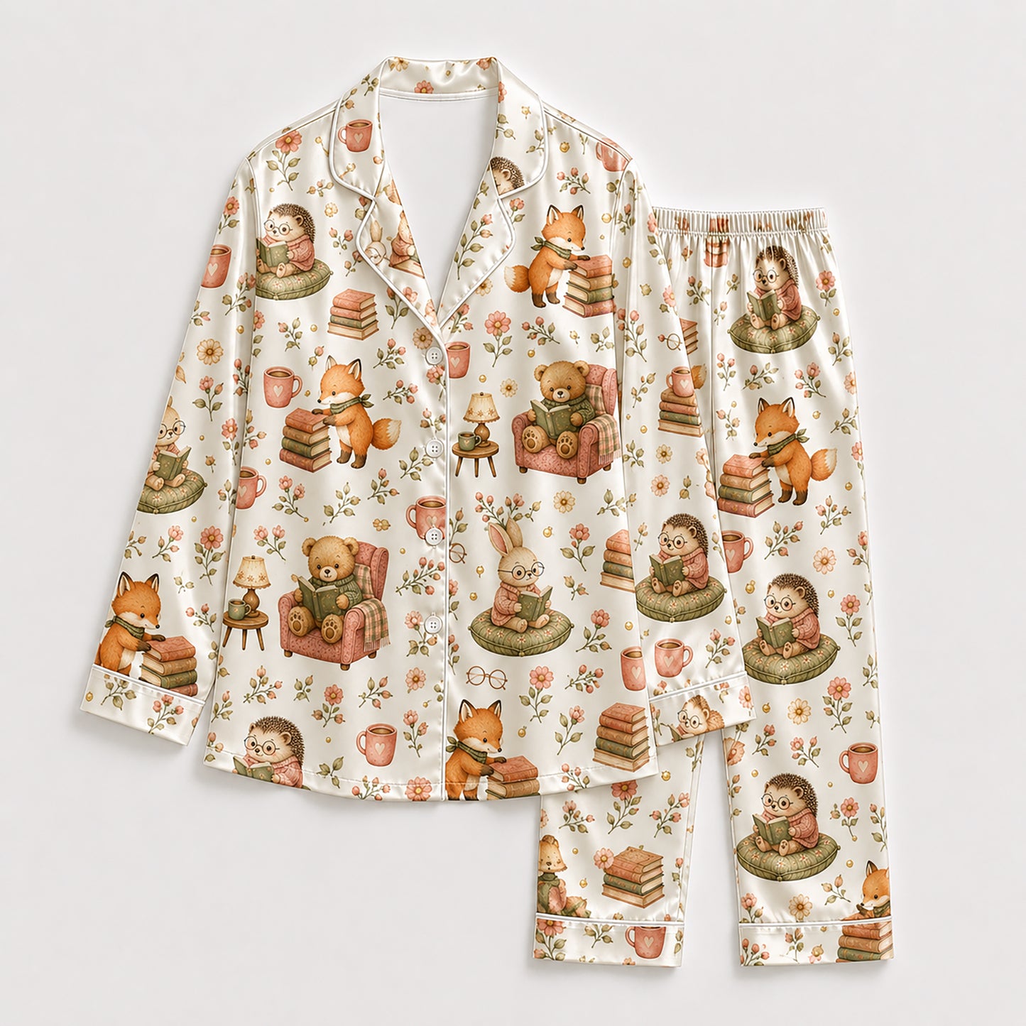 PJ-584-Cottagecore Woodland Animal Satin Pajamas Reading Book Floral Fox Bear Sleepwear