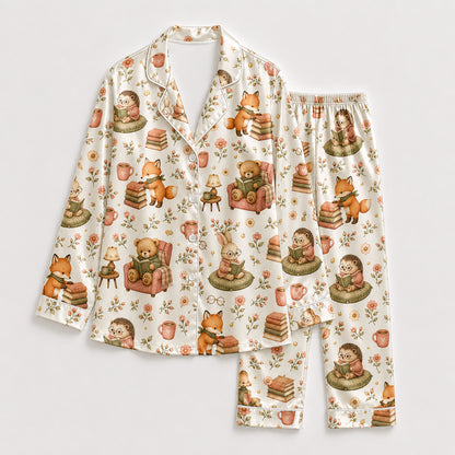 PJ-584-Cottagecore Woodland Animal Satin Pajamas Reading Book Floral Fox Bear Sleepwear