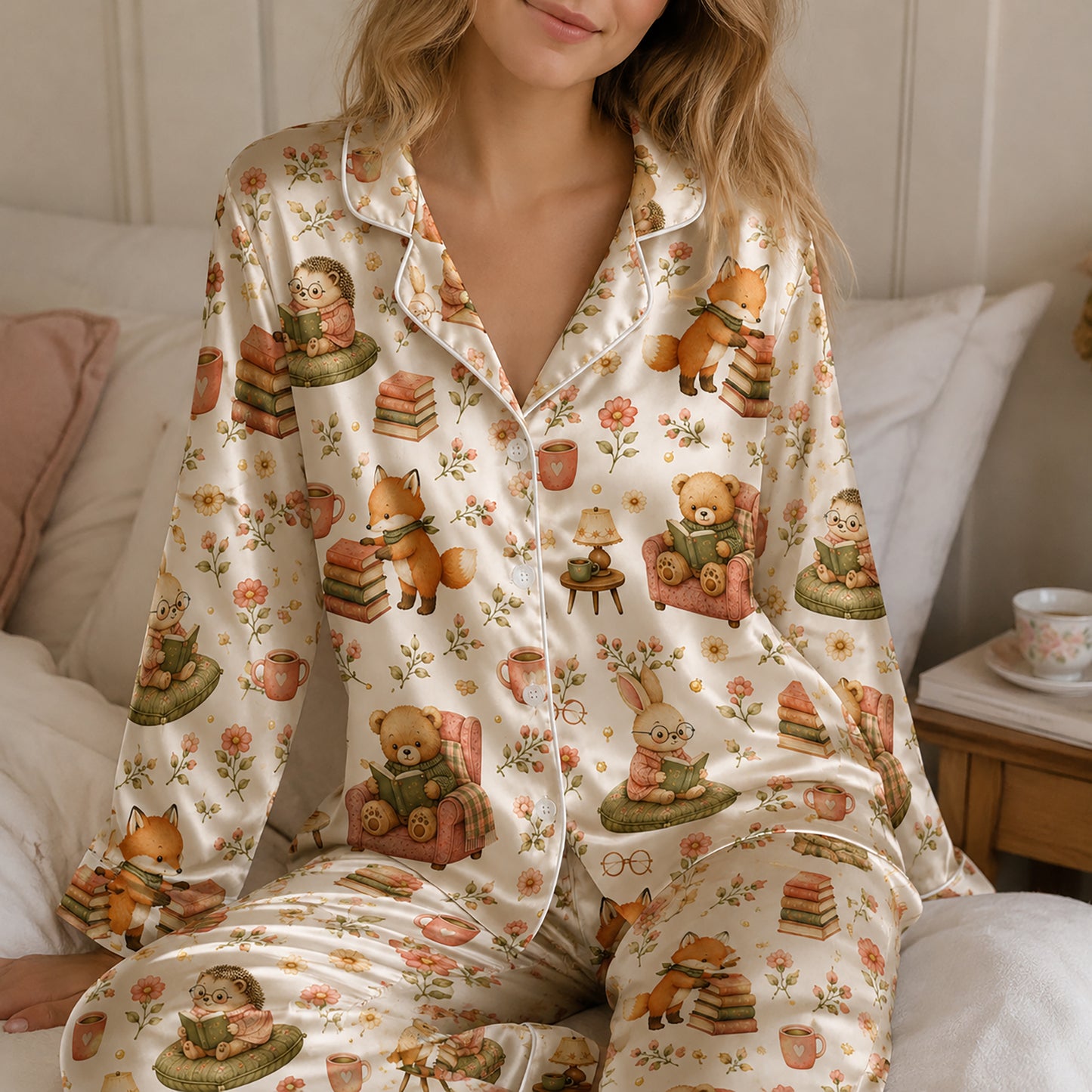 PJ-584-Cottagecore Woodland Animal Satin Pajamas Reading Book Floral Fox Bear Sleepwear