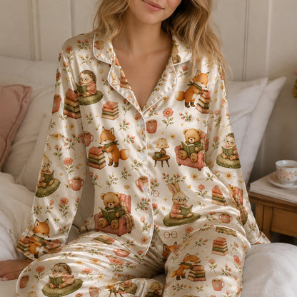 PJ-584-Cottagecore Woodland Animal Satin Pajamas Reading Book Floral Fox Bear Sleepwear