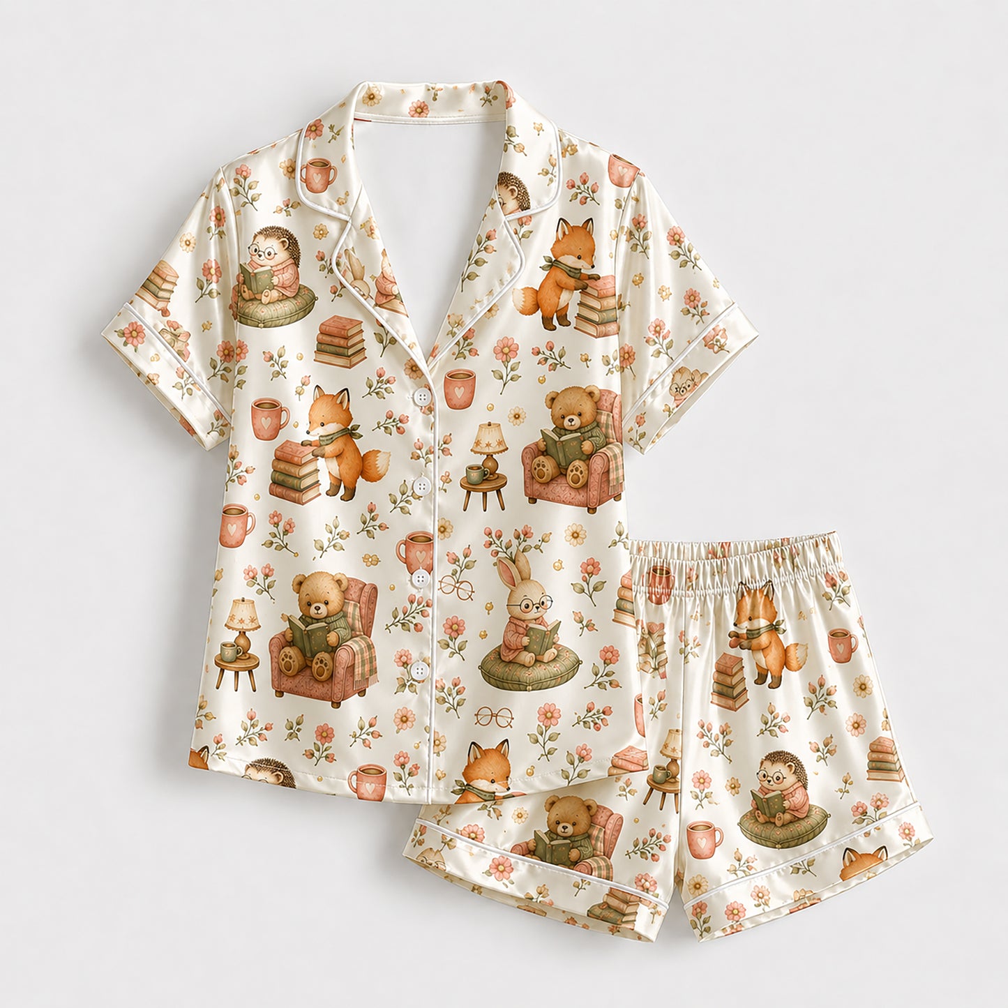 PJ-584-Cottagecore Woodland Animal Satin Pajamas Reading Book Floral Fox Bear Sleepwear