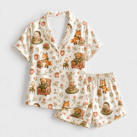 PJ-584-Cottagecore Woodland Animal Satin Pajamas Reading Book Floral Fox Bear Sleepwear