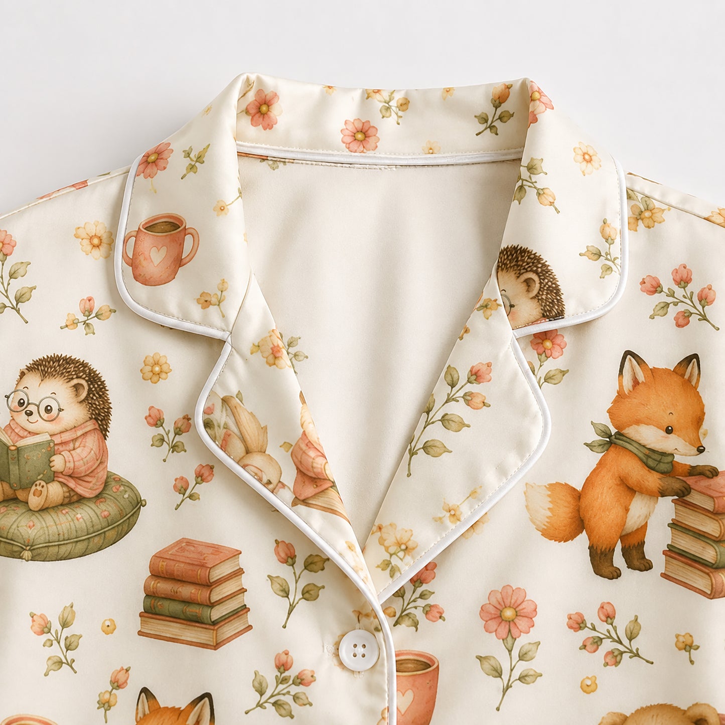 PJ-584-Cottagecore Woodland Animal Satin Pajamas Reading Book Floral Fox Bear Sleepwear