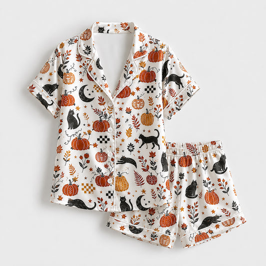 PJ-585-Autumn Pumpkin Black Cat Satin Pajamas Fall Foliage Moon Sleepwear