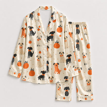 PJ-586-Cream Satin Autumn Dog And Pumpkin Pajamas Fall Pet Sleepwear