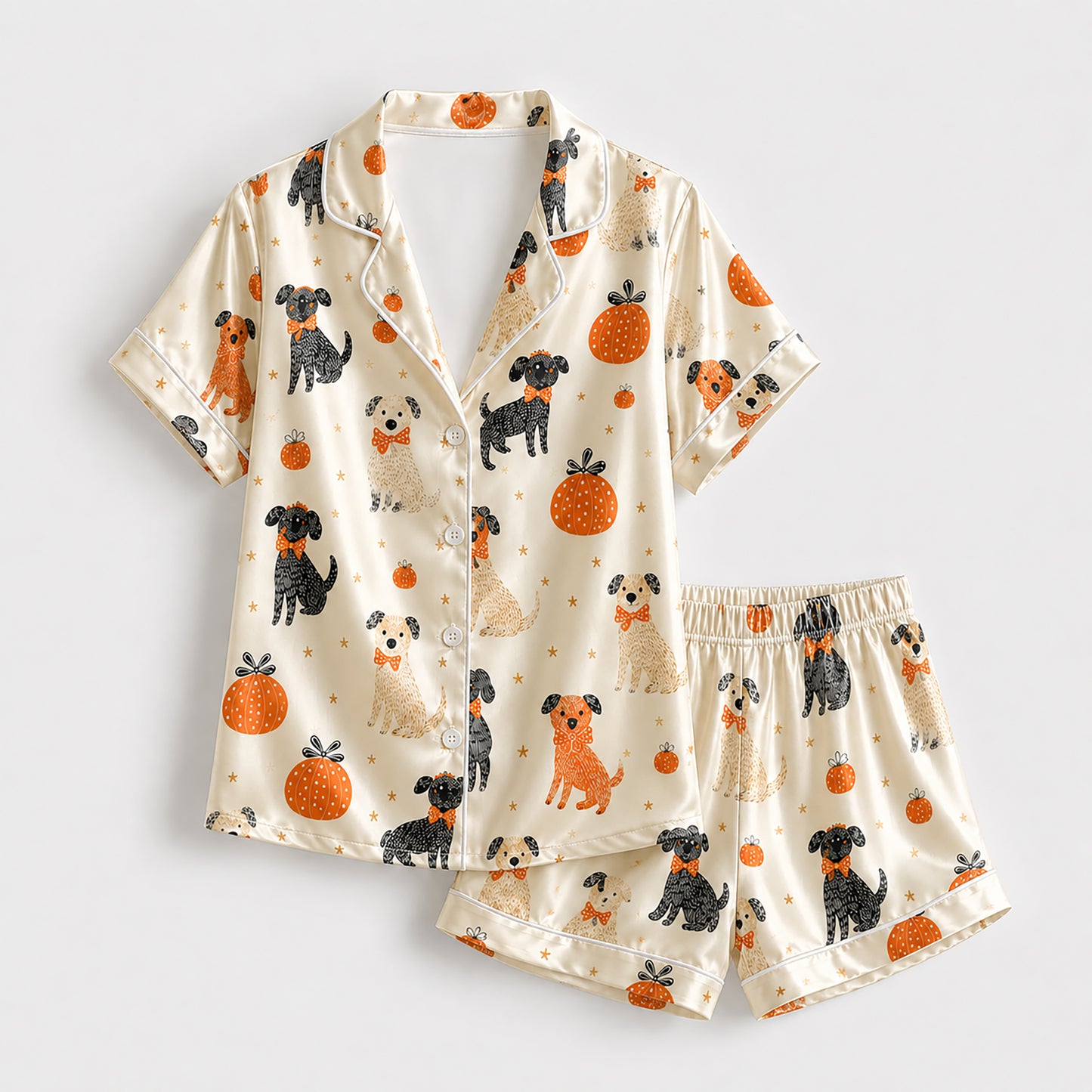 PJ-586-Cream Satin Autumn Dog And Pumpkin Pajamas Fall Pet Sleepwear