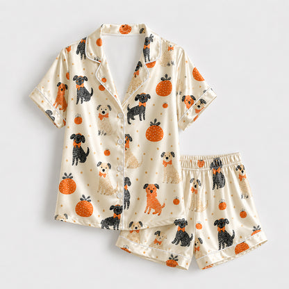 PJ-586-Cream Satin Autumn Dog And Pumpkin Pajamas Fall Pet Sleepwear