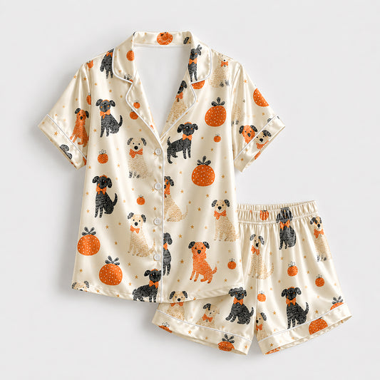 PJ-586-Cream Satin Autumn Dog And Pumpkin Pajamas Fall Pet Sleepwear